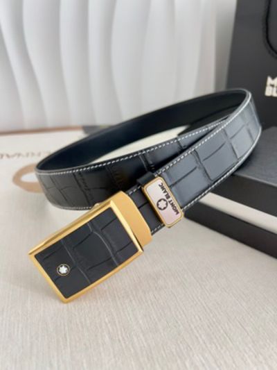 1:1  Montblanc Black Leather Belt with Gold Logo Buckle Automatic Buckle 3.5cm